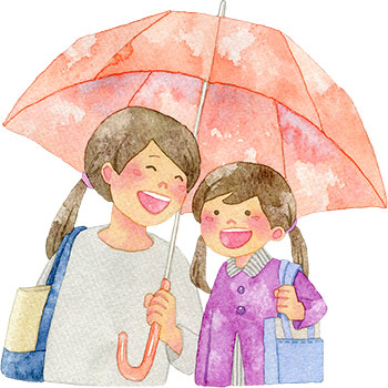 傘を差す親子のイラスト