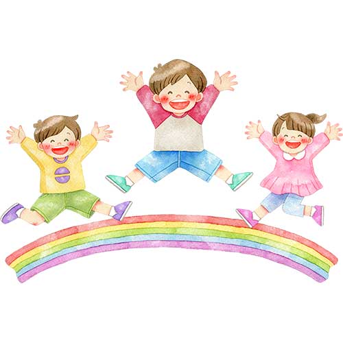 №477手足を広げて元気にジャンプをする子供たちと虹のイラスト