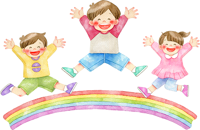 №477手足を広げて元気にジャンプをする子供たちと虹のイラスト