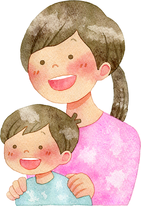 子供の肩に手を置く母親の水彩イラスト