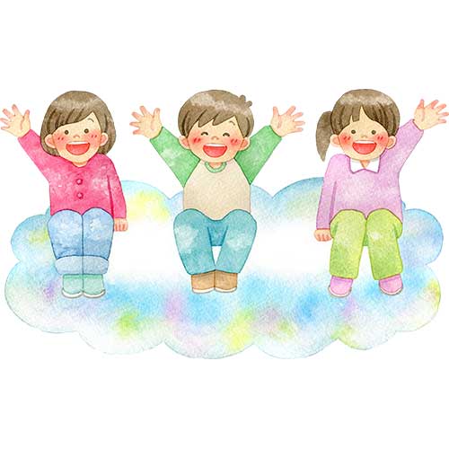 №469雲の上に座って手を振る笑顔の子供たちのイラスト