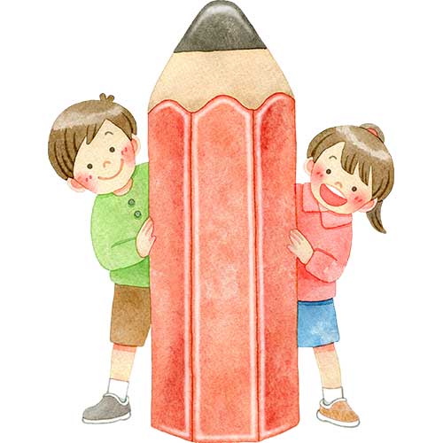 №659大きな鉛筆からのぞく子供たちのイラスト