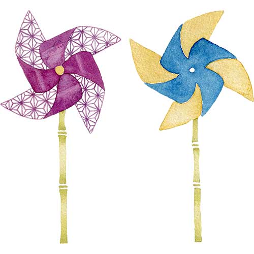 №434レトロな和柄の風車のイラスト(紫の麻の葉紋様、青と黄色)
