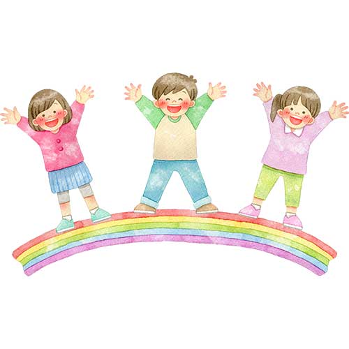 №467虹の上に立って両手を挙げてバンザイをしている笑顔の子供たちのイラスト
