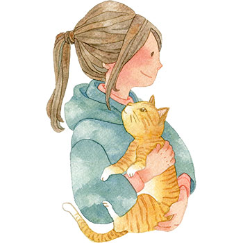ネコを抱っこする横向きの女の子(上半身)のイラスト