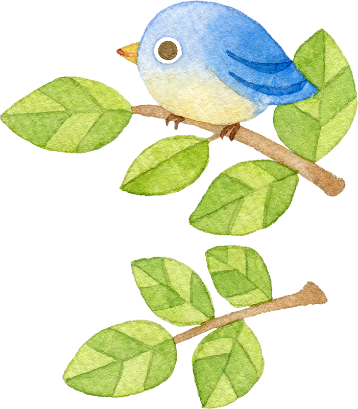 ①木の枝にとまる青い鳥の水彩イラスト