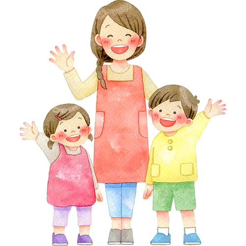 №570手を振る笑顔の女性保育士(保母さん)と子供たちのイラスト