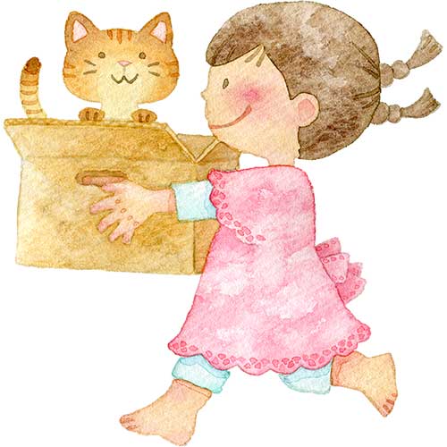 №673猫が入った段ボール箱を持つ女の子のイラスト