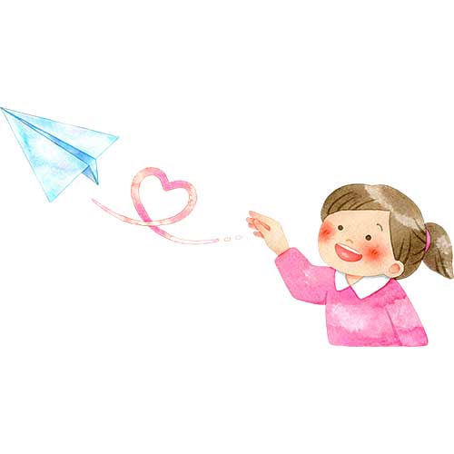№615ハートを描く紙飛行機を飛ばす子供(女の子)のイラスト