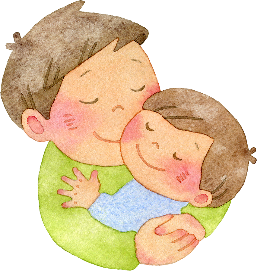 男の子を抱きしめる父親の水彩イラスト