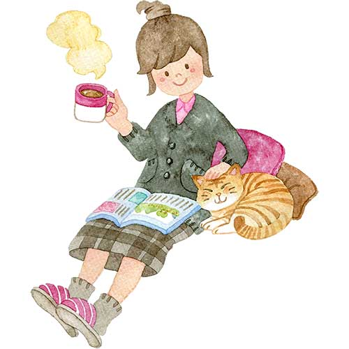 №424コーヒーを飲みながら猫をなでる女性のイラスト