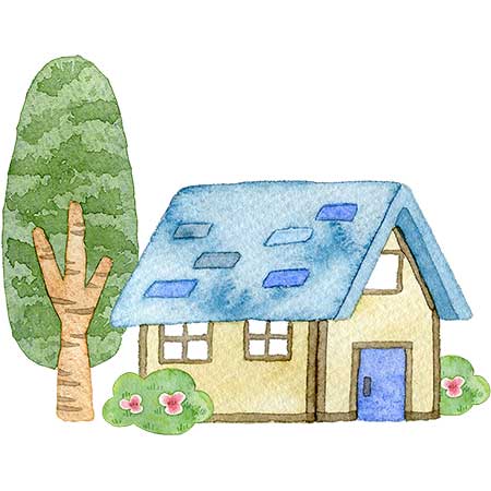 №444青い屋根の小さな可愛いお家と樹木のイラスト
