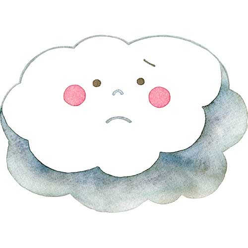 №489雨が降り出しそうな雲(くもり・雨雲)のキャラクターのイラスト(悲しそうな顔)