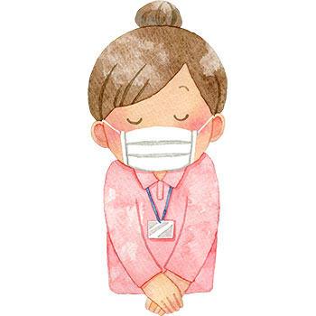マスクを付けてお辞儀をする女性介護福祉士のイラスト