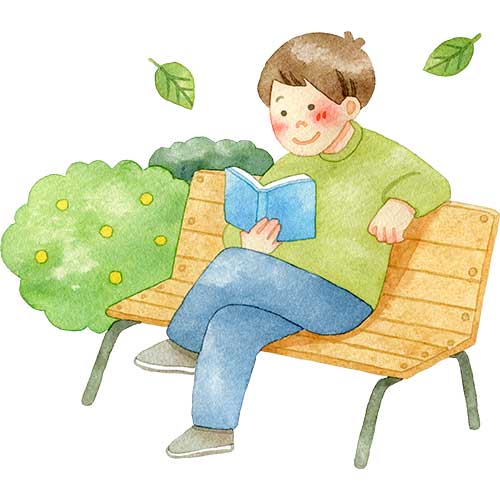 №335ベンチに座ってのんびり読書をする男性のイラスト