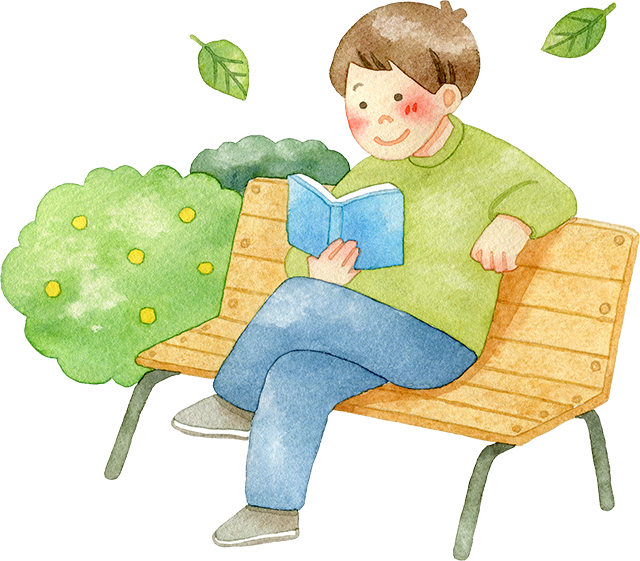 ベンチに座ってのんびり読書をする男性の水彩イラスト