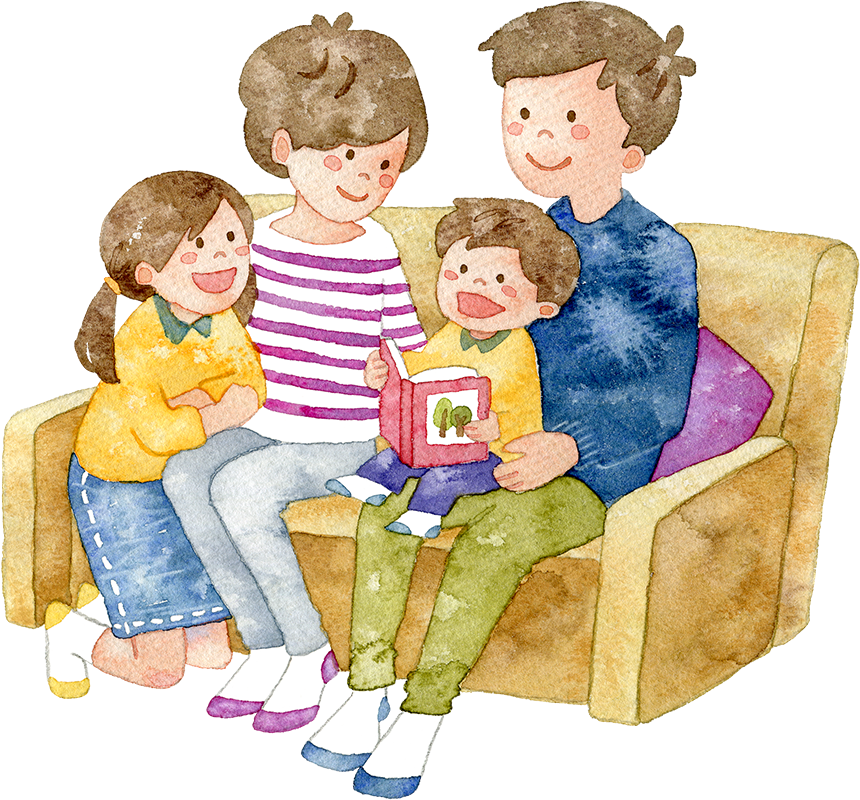 ソファでくつろぐ家族の水彩イラスト