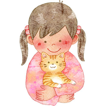 ネコを抱っこする女の子(上半身)のイラスト