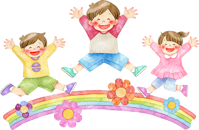 №478手足を広げて元気にジャンプをする子供たちと花と虹のイラスト