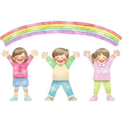 №466虹の下で両手を挙げてバンザイをする笑顔の子供たちのイラスト