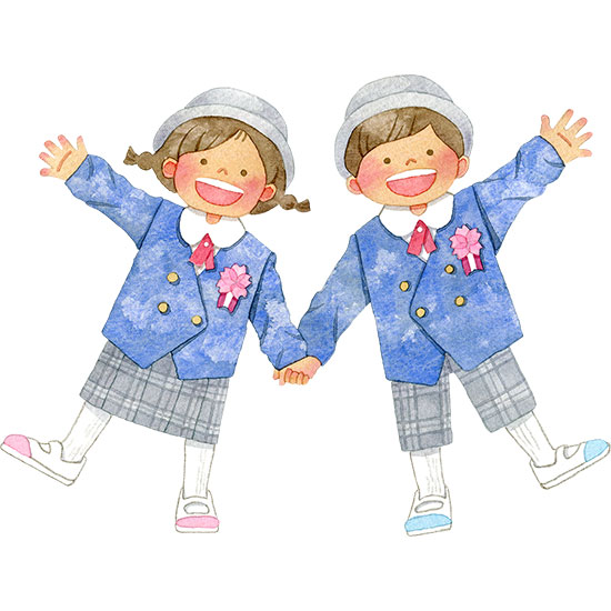 青い制服を着て手をつなぐ笑顔の子供たち(入卒園/入学)のイラスト