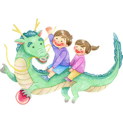 №618【辰年】龍の背中に乗る子供たちのイラスト