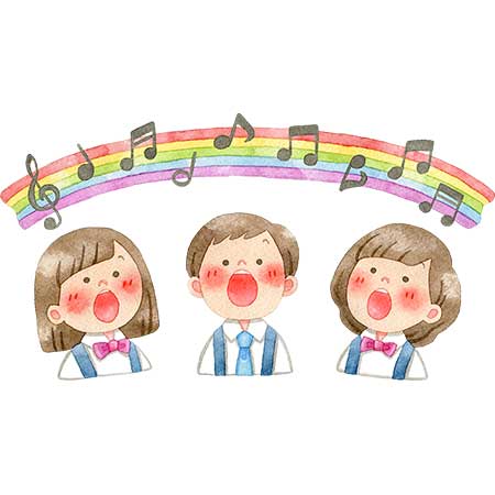 №454歌を歌う子供たちと虹と音符のイラスト