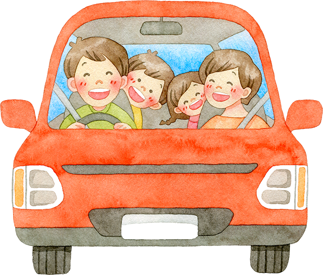 車に乗る笑顔の家族の水彩イラスト