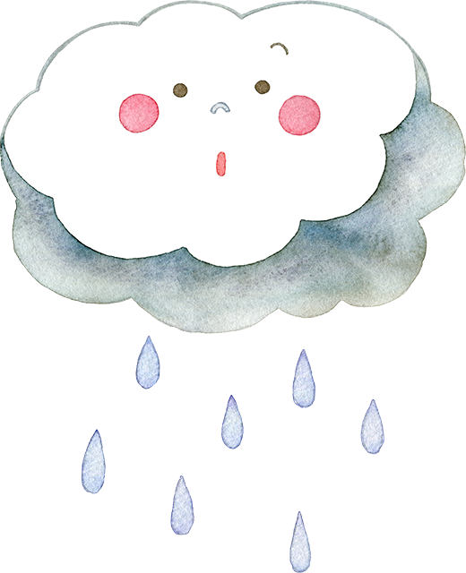 №491雨雲のキャラクターと雨のイラスト(びっくりした顔)
