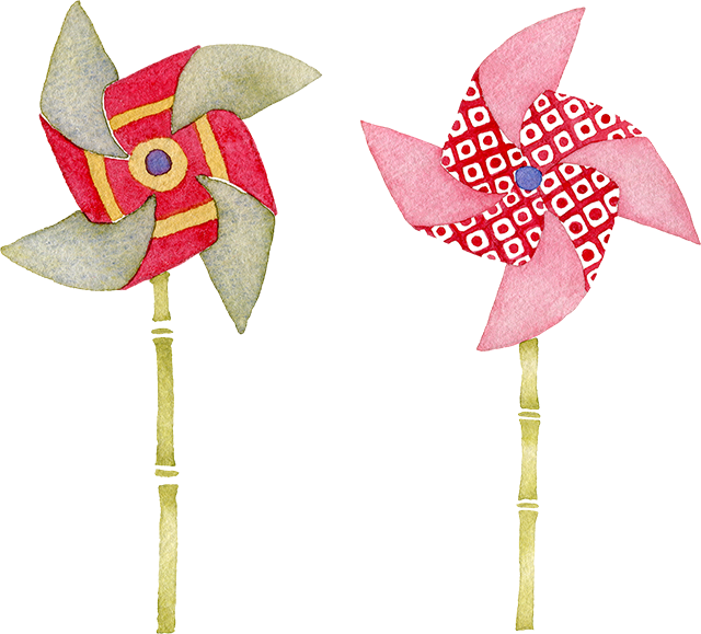 №435レトロな和柄の風車のイラスト(赤と緑、赤い鹿の子紋様)