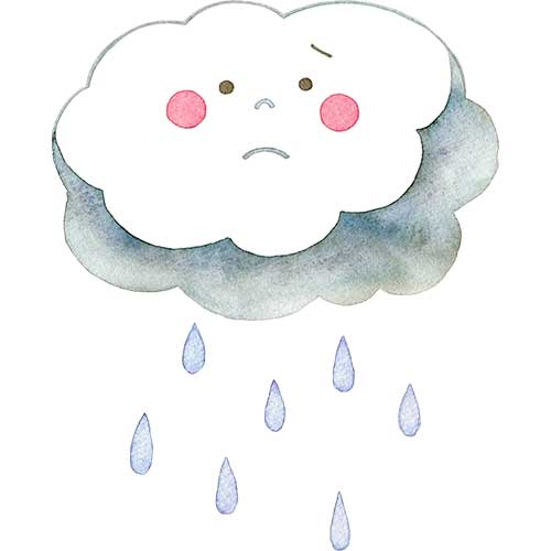 №492雨雲のキャラクターと雨のイラスト(悲しそうな顔)