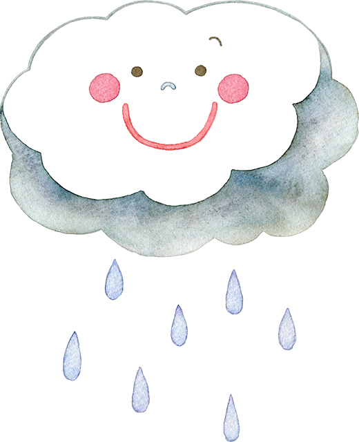 №502雨雲のキャラクターと雨のイラスト(笑顔)