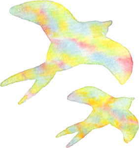 ツバメの親子(虹色)の水彩イラスト | 水彩の挿し絵屋さん