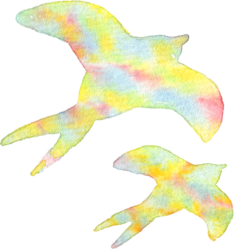 ツバメの親子(虹色)の水彩イラスト