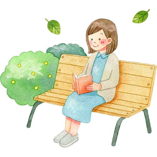 №339ベンチに座ってのんびり読書をする女性のイラスト