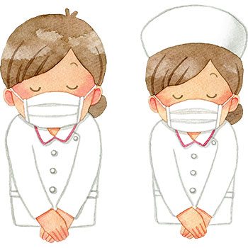 【4セット】お辞儀をするマスクの女性看護師のイラスト(上半身/全身)