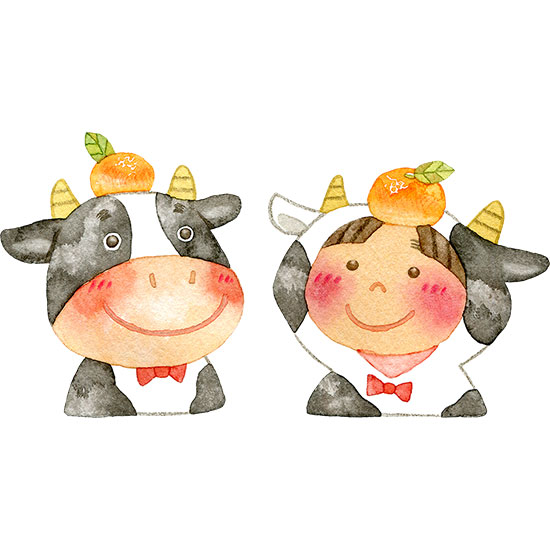 牛と牛の着ぐるみを着た子供のイラスト