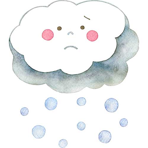 №498雪雲のキャラクターと雪のイラスト(悲しそうな顔)