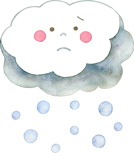 №498雪雲のキャラクターと雪のイラスト(悲しそうな顔)