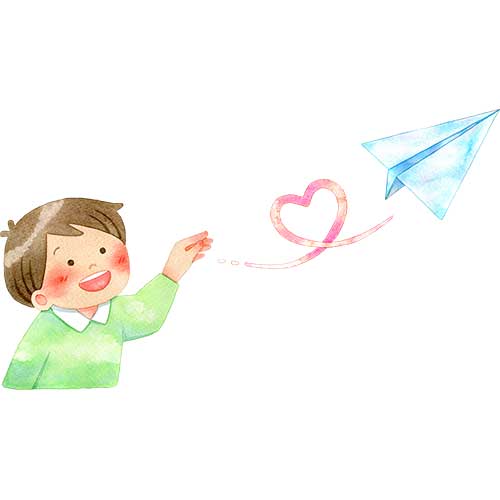 №616ハートを描く紙飛行機を飛ばす子供(男の子)のイラスト