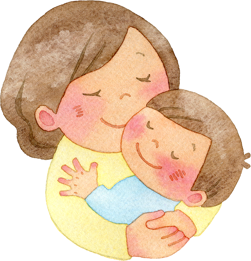 男の子を抱きしめる母親の水彩イラスト
