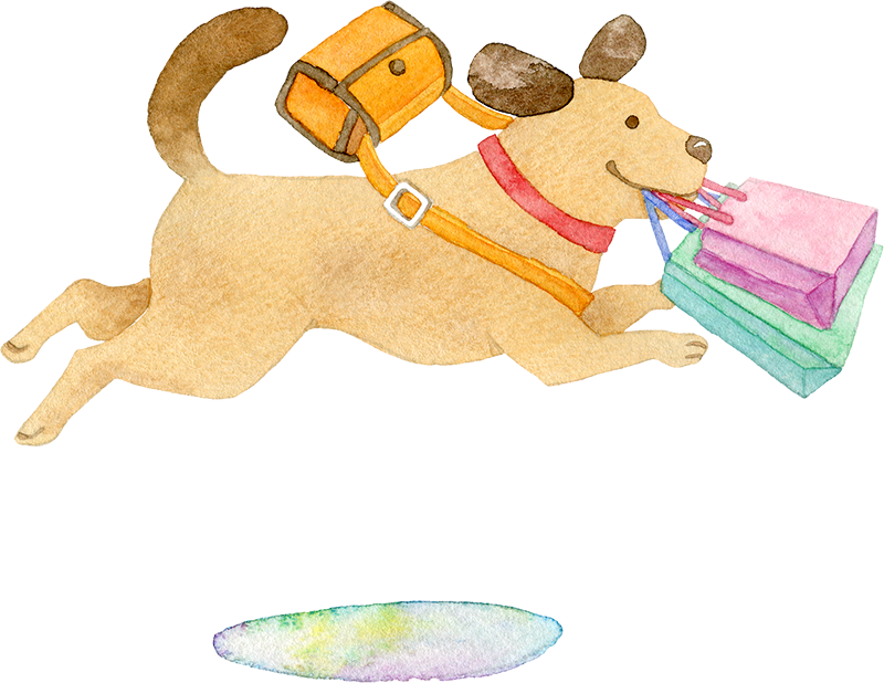 ショッピングバッグをくわえてジャンプをする犬の水彩イラスト 水彩の挿し絵屋さん