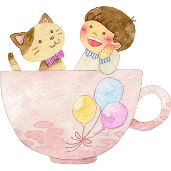 ティーカップの中に入る猫と男の子のイラスト