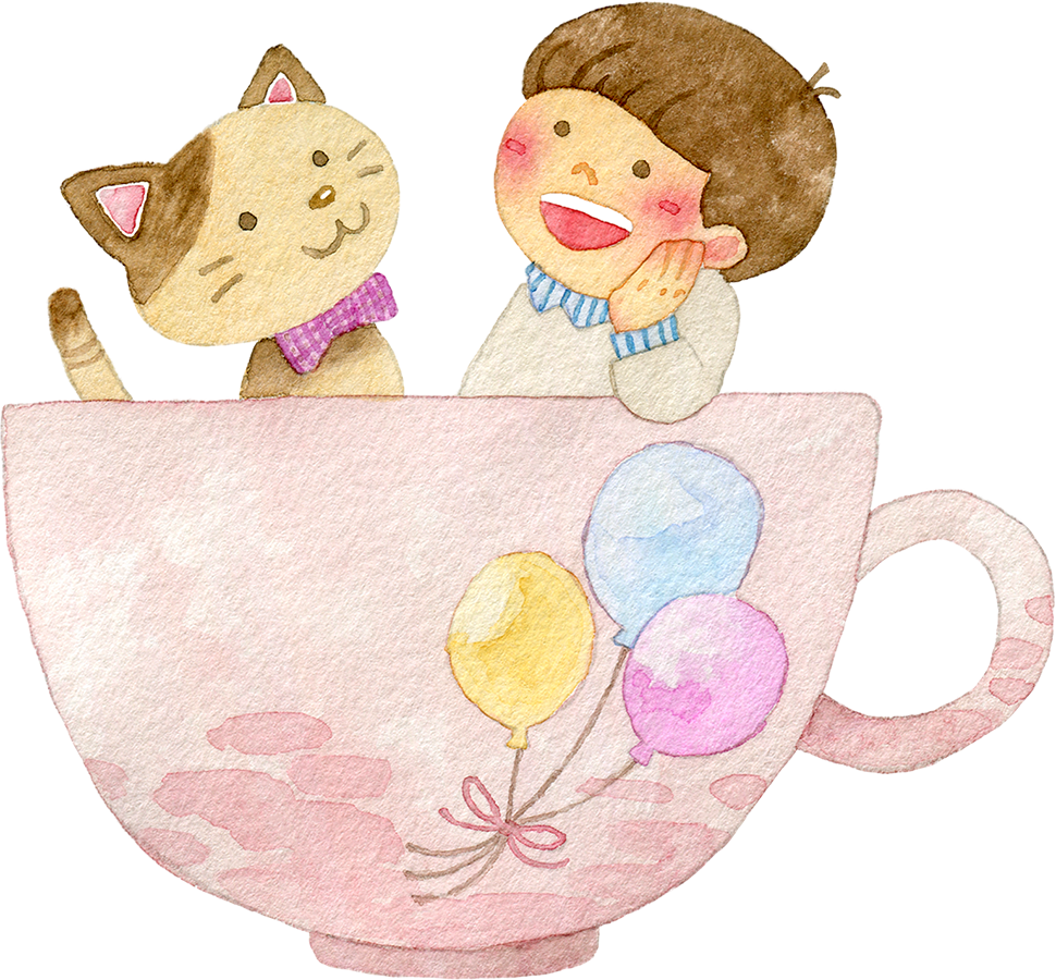 ティーカップの中に入る猫と男の子の水彩イラスト