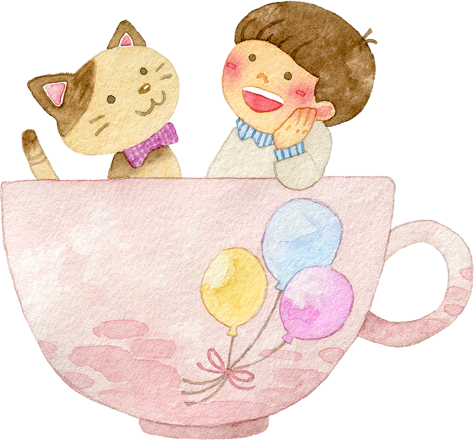 ティーカップの中に入る猫と男の子の水彩イラスト  水彩の挿し絵屋さん