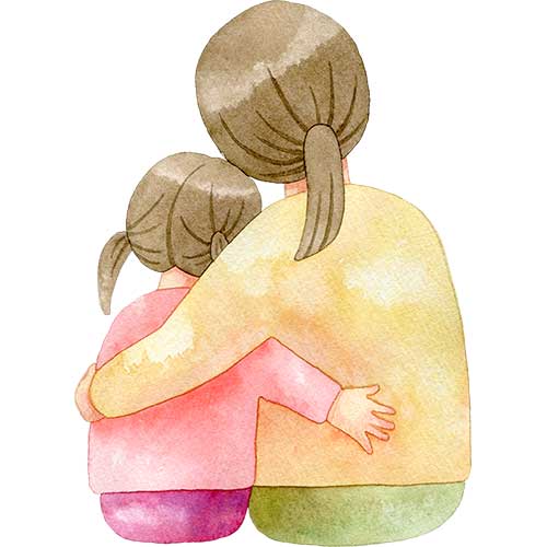 №516肩を寄せ合う後ろ姿の親子(母親と女の子)のイラスト