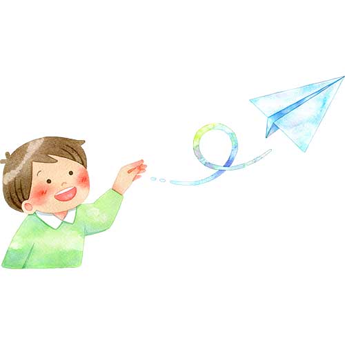 №614円を描く紙飛行機を飛ばす子供(男の子)のイラスト