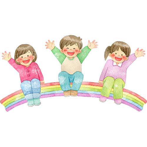 №467虹に座って手を振る笑顔の子供たちのイラスト